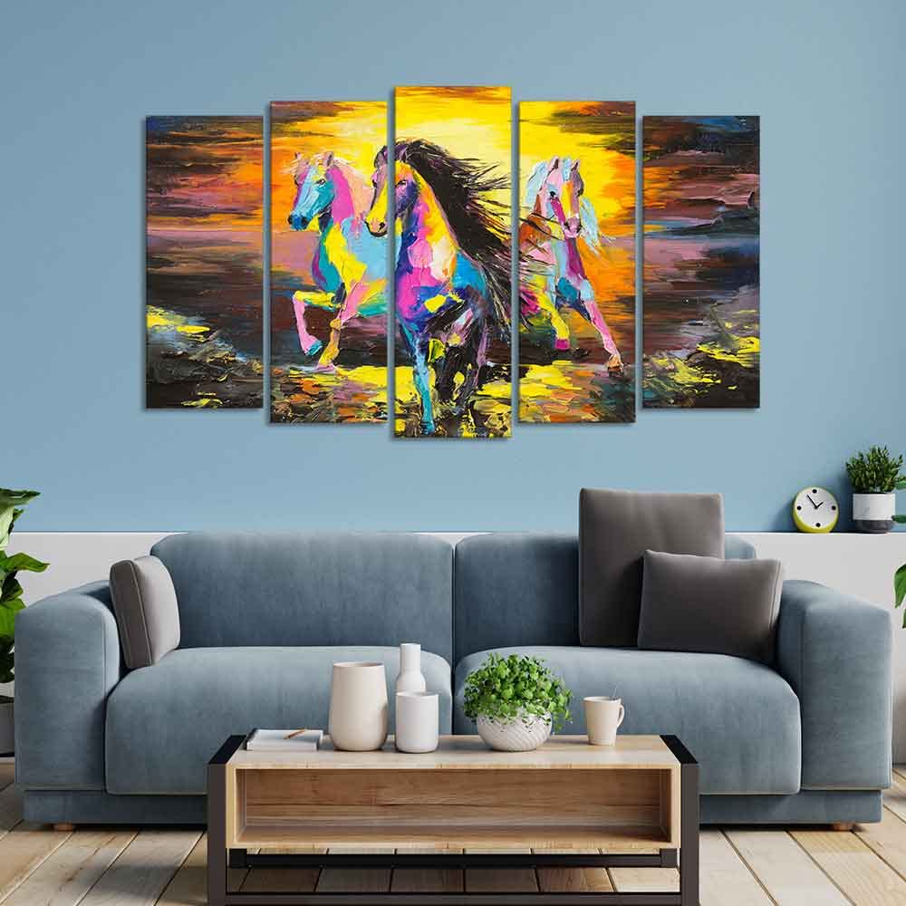 VIBECRAFTS Three Running Horses Abstract Art Five Pieces Canvas Wall Painting For Home|Office|Living Room|Gift (PTVC5Pcs2_6520)