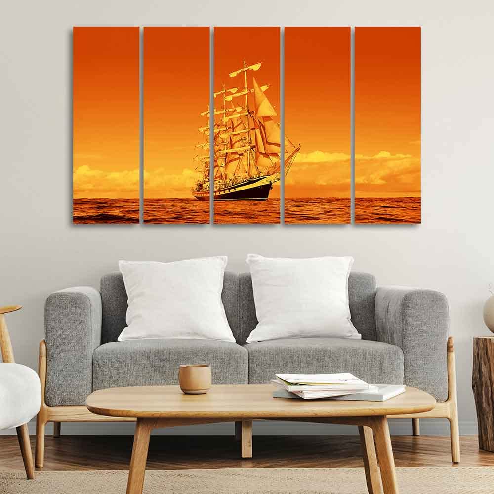 VIBECRAFTS Sailing Ship in Golden Hour Premium Wall Painting Set of Five For Home|Office|Living Room|Gift (PTVC5Pcs4_8619)