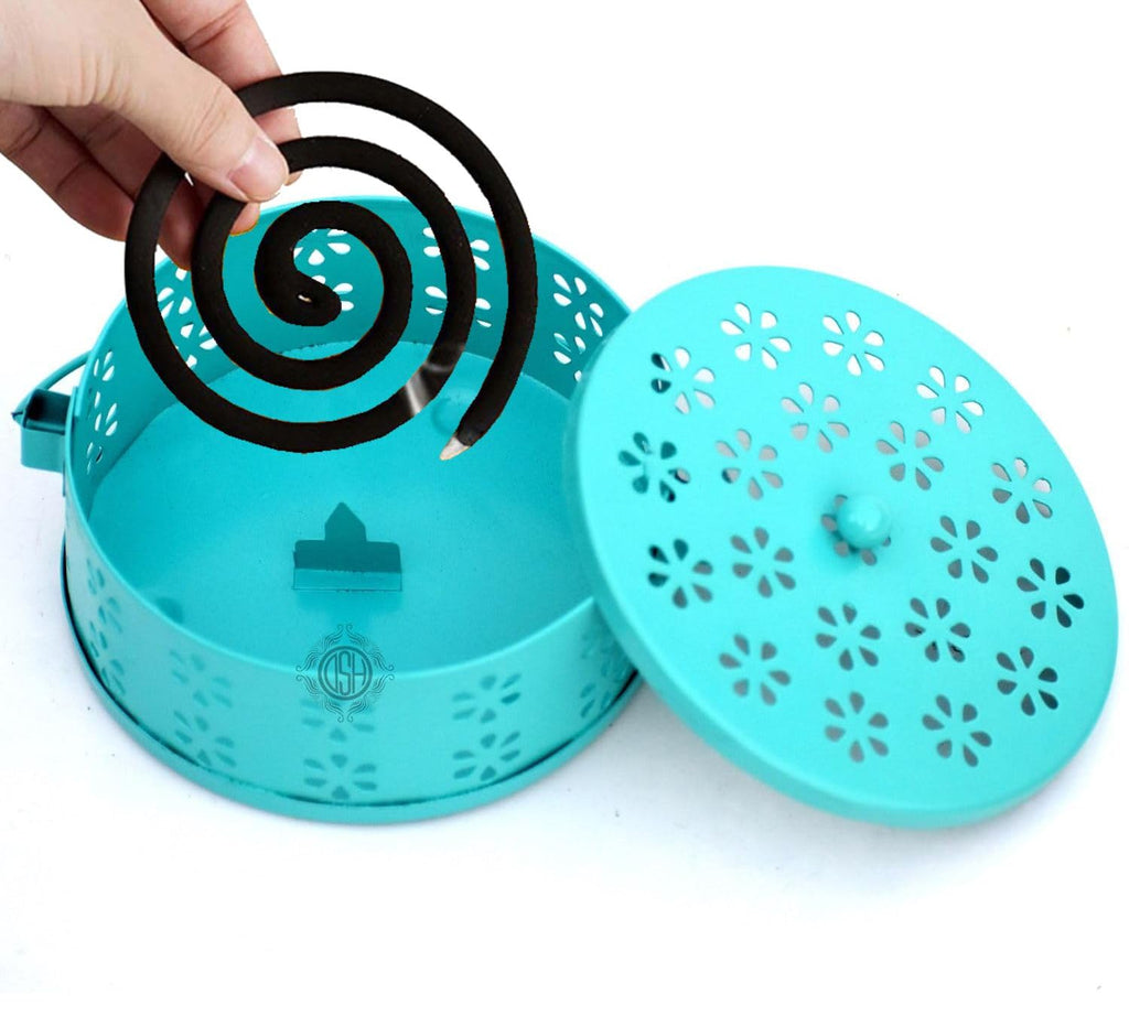 DSH Metal Mosquito Coil Holder with Lid & Handle Ash Catcher Stand for Mosquito Coil Indoor Outdoor Safe Use (Sky)