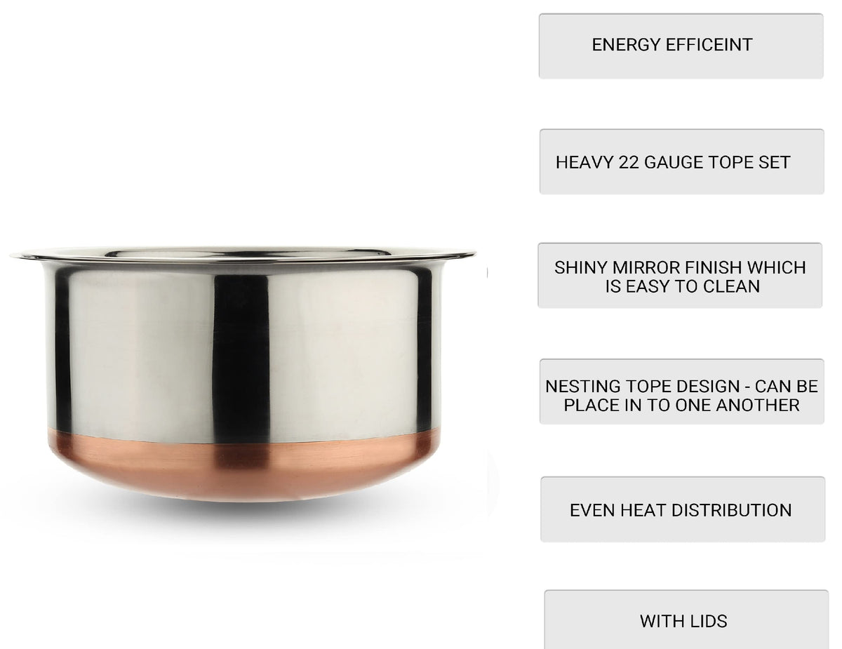 LIMETRO STEEL Set of 5 Gas Compatible Copper Base Steel Tope Set with Lid (5 Pieces, 1 Liter, 1.5 Liter, 2 Liter, 2.5 Liter, 3 Liter) Cookware Set, Stainless Steel…