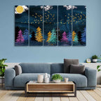 VIBECRAFTS Five Pieces Wall Painting of Golden Birds Flying over The Dark Forest For Home|Office|Living Room|Gift (PTVC5Pcs4_8717)