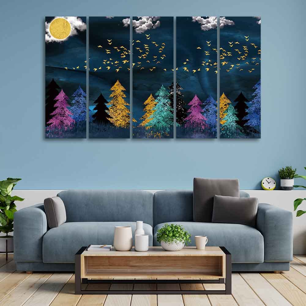 VIBECRAFTS Five Pieces Wall Painting of Golden Birds Flying over The Dark Forest For Home|Office|Living Room|Gift (PTVC5Pcs4_8717)