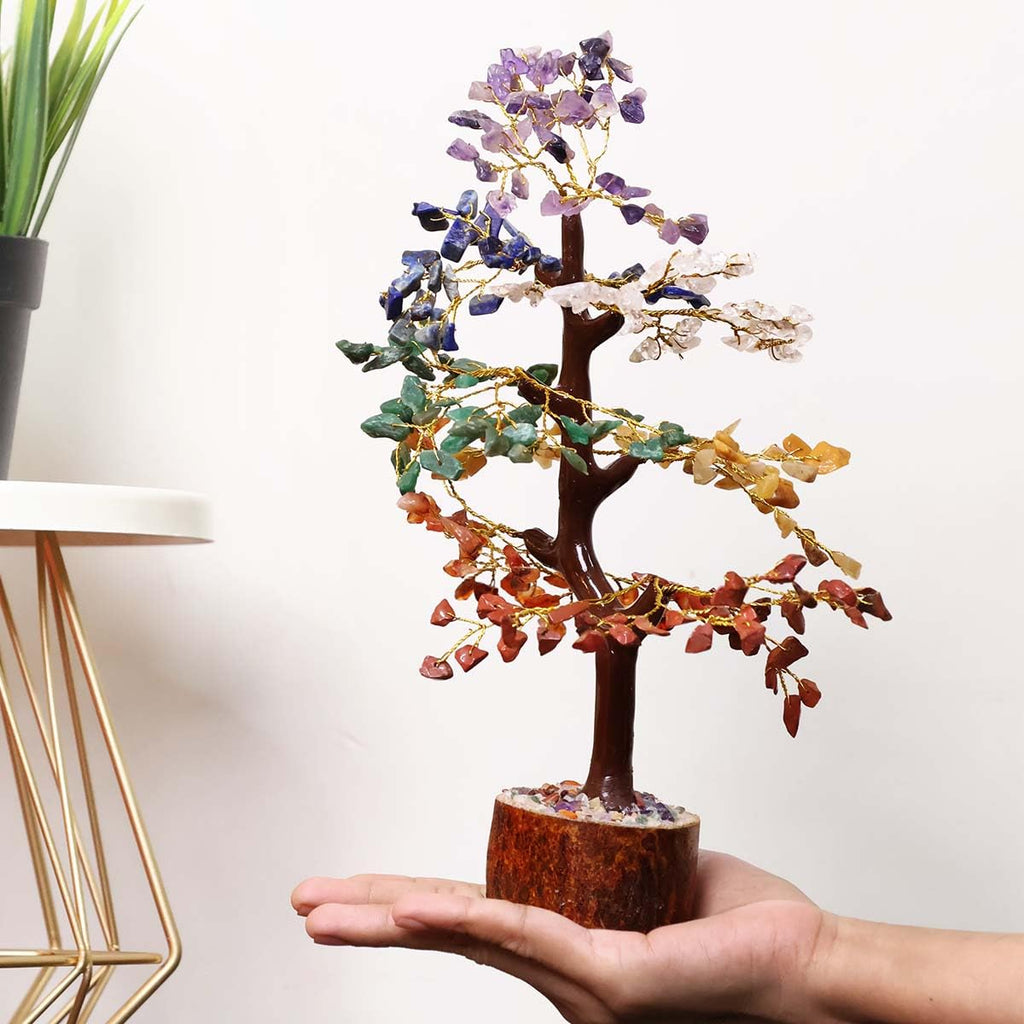 Shubhanjali 7 Chakra Tree M-Seal 300 Beads for Home Decor | Crystal Tree for Positivity Goodluck | Gemstones | Feng Shui Stone Tree for Living Room, Office Desk & Hall Decor | Christmas Decor Gift