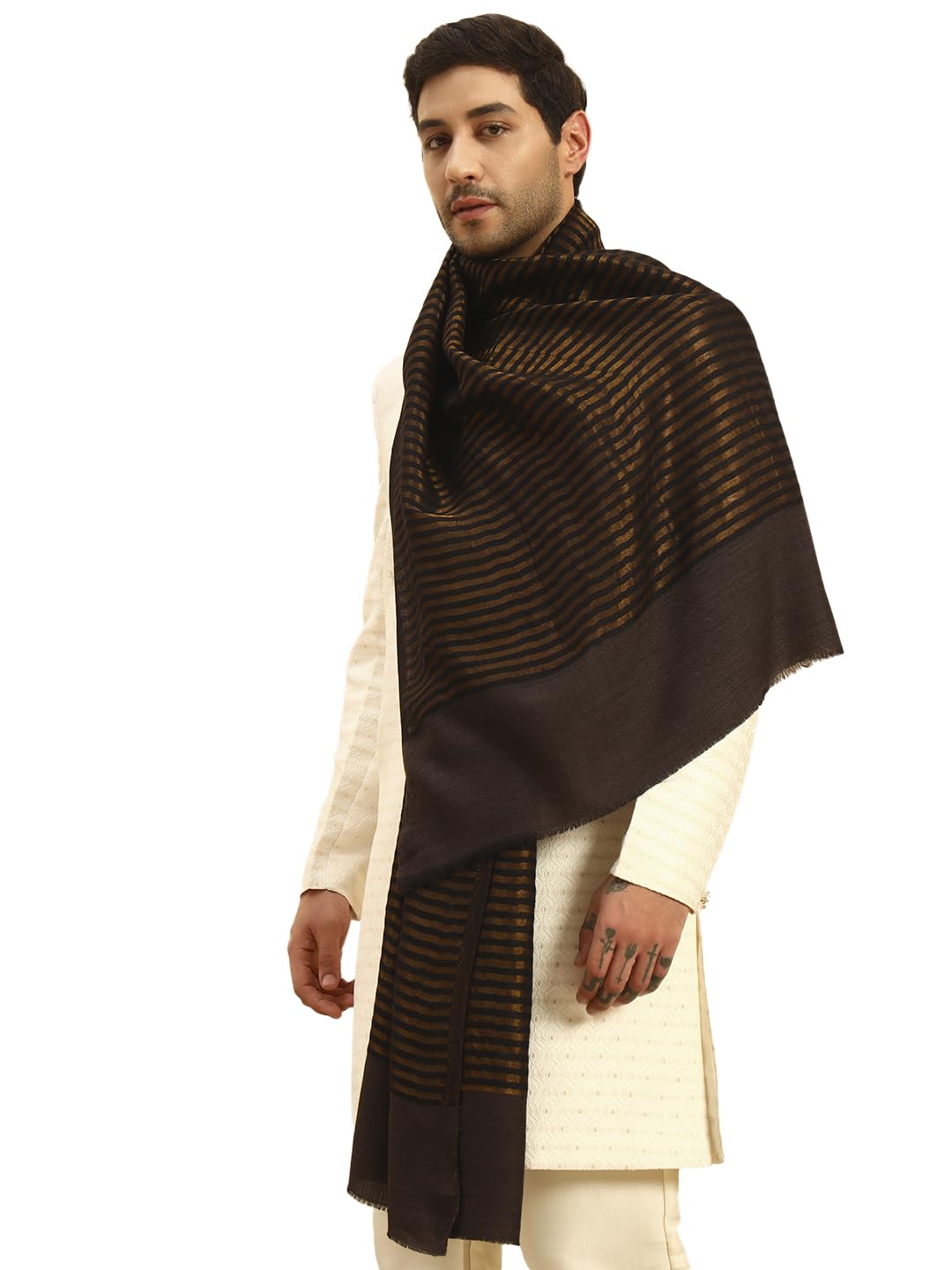Pashmoda Men Golden Eclipse Reversible Zari Moonlight Fine Wool Stole (Size-28x80in, 71x203cm) MZSST03