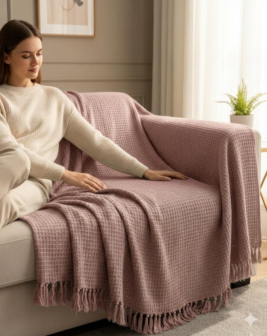 HAKAM Cotton Handloom Waffle Slub Throw Blanket for Sofa & Bed | Soft Lightweight Decorative Throw with Tassels | All-Season Cosy Couch & Bed Throw | 125 x 150 - -Pink, Pack of 1 Kafalo