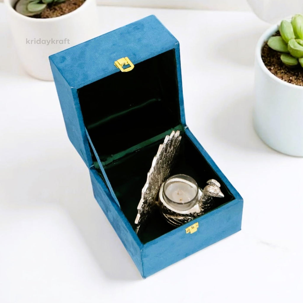 KridayKraft Metal Handcrafted Silver Plated Dancing Peacock Showpiece Candle Holder with Tealight Candle and with Beautiful Velvet Box Packing for Gifting Anniversary Valentine's Day