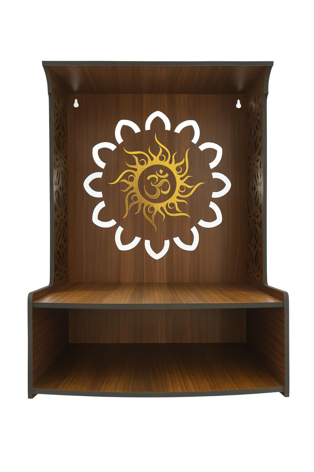 WIZZARTPRINTS Beautiful Wooden Pooja Stand for Home Mandir with LED Spot Light | Wall Mounted Temple for Home and Office | Compact Wooden Puja Mandir Desing 2