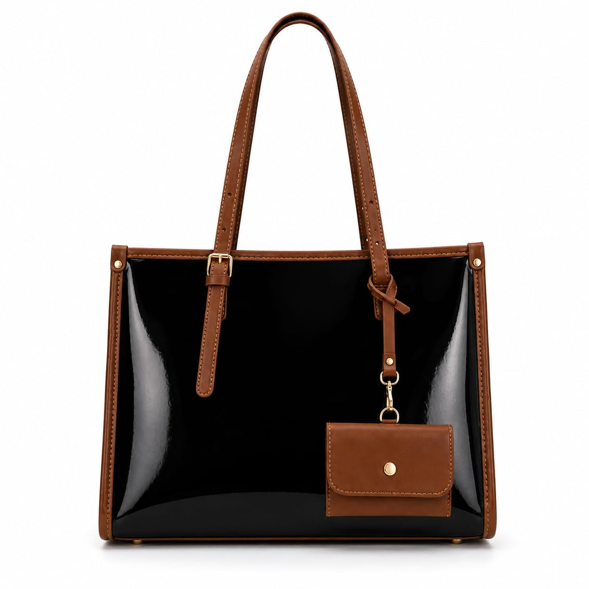 HaveGlam Women's Tote Handbag with Mini Pouch, Brown Trim (Black)