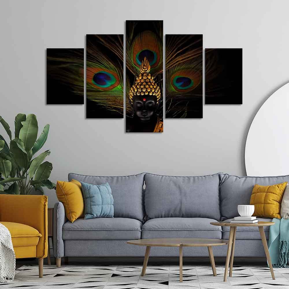 VIBECRAFTS Divine Buddha With Peacock Feather Wall Painting of Five Pieces For Home|Office|Living Room|Gift (PTVC5Pcs1_5541)