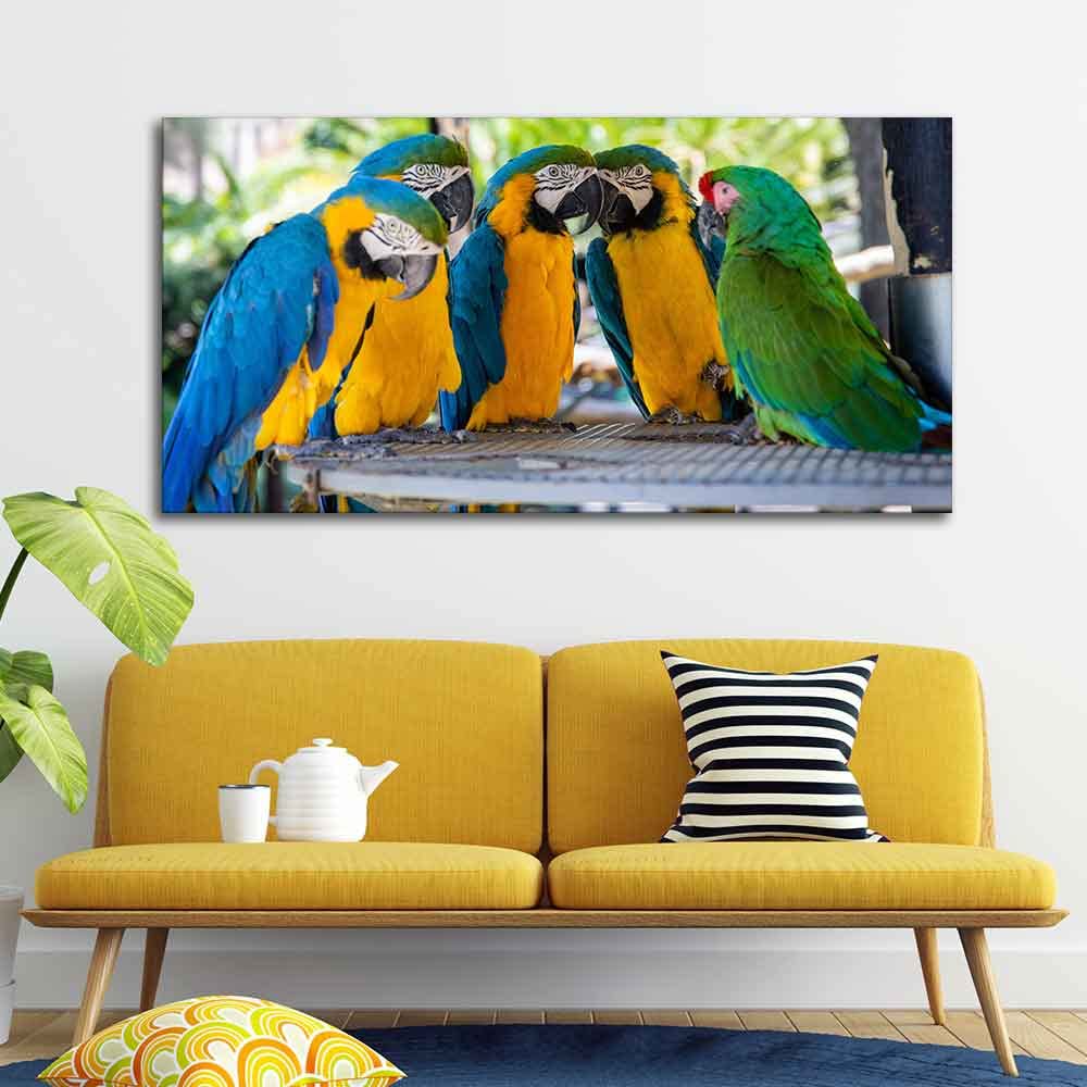 VIBECRAFTS Canvas Paintings for Living Room Drawing Room Colorful Mascaw Parrots Canvas Wall Painting Fitted With Wooden Frame for Home | Office | Gift (PTVCH_2311)