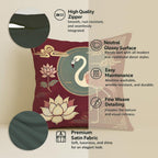 STITCHNEST Satin Cushion Covers Pack of 2 Oriental Flamingo & Lotus Print in Maroon and Gold, 24x24 Inch Decorative Cushion Set for Spiritual and Artistic Living Room Decor