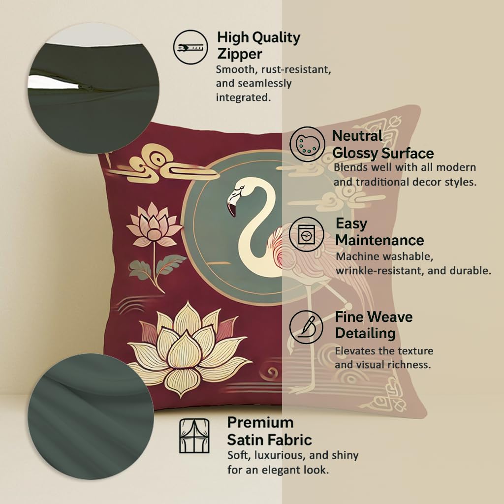 STITCHNEST Satin Cushion Covers Pack of 2 Oriental Flamingo & Lotus Print in Maroon and Gold, 24x24 Inch Decorative Cushion Set for Spiritual and Artistic Living Room Decor