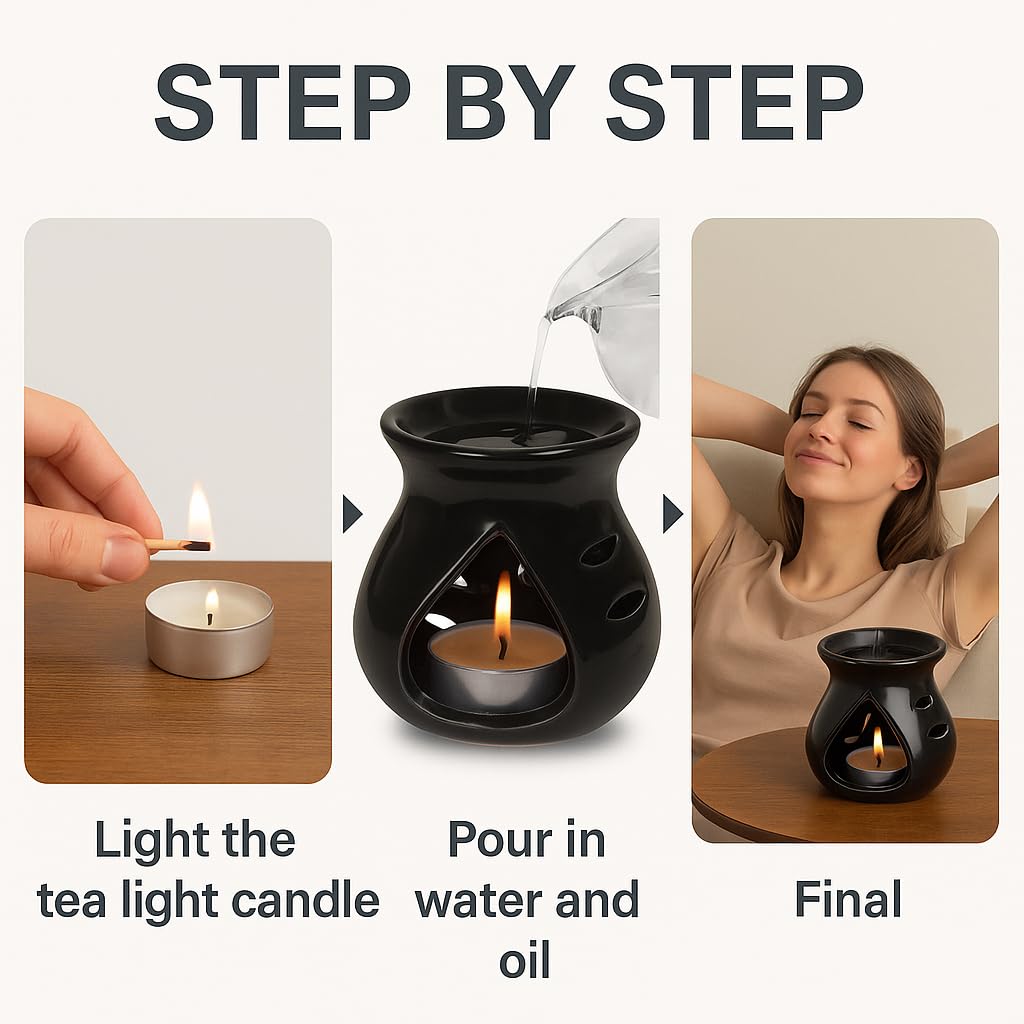 Pure Source India Ceramic Clay Oil Burner Aroma Diffuser (Black) Set of 2 | Essential Oil & Wax Melt Burner | Tea Light Candle Holder | Home Fragrance Diffuser for Spa, Yoga & Home Decor