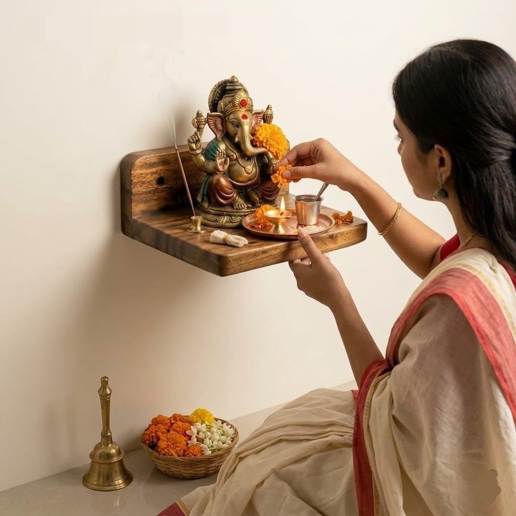 Handcrafted Wooden Wall Mounted Temple Shelf for Home | Rustic Puja Mandir Floating Shelf | Wooden Pooja Stand for Ganesh Idol, Diya & Incense Holder | Home Decor & Spiritual Corner