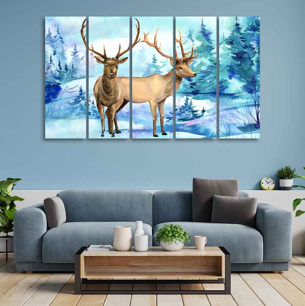 VIBECRAFTS Pair of Deer in Snow Covered Forest Five Pieces Wall Painting For Home|Office|Living Room|Gift (PTVC5Pcs4_8577)