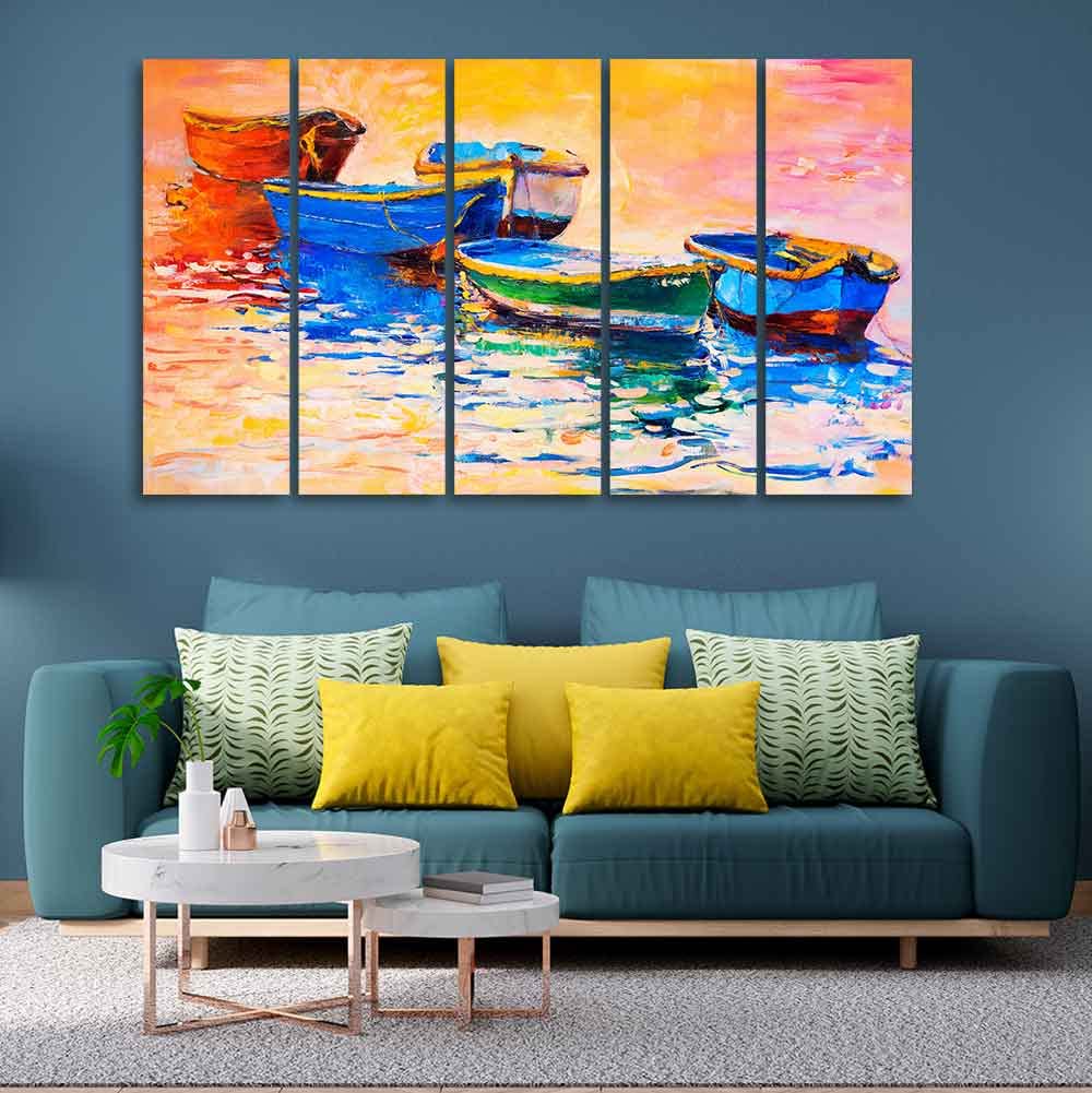 VIBECRAFTS Boats And Sunset 5 Pieces Canvas Wall Painting For Home | Office | Living Room | Gift (PTVC5Pcs4_8519)