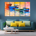 VIBECRAFTS Boats And Sunset 5 Pieces Canvas Wall Painting For Home | Office | Living Room | Gift (PTVC5Pcs4_8519)