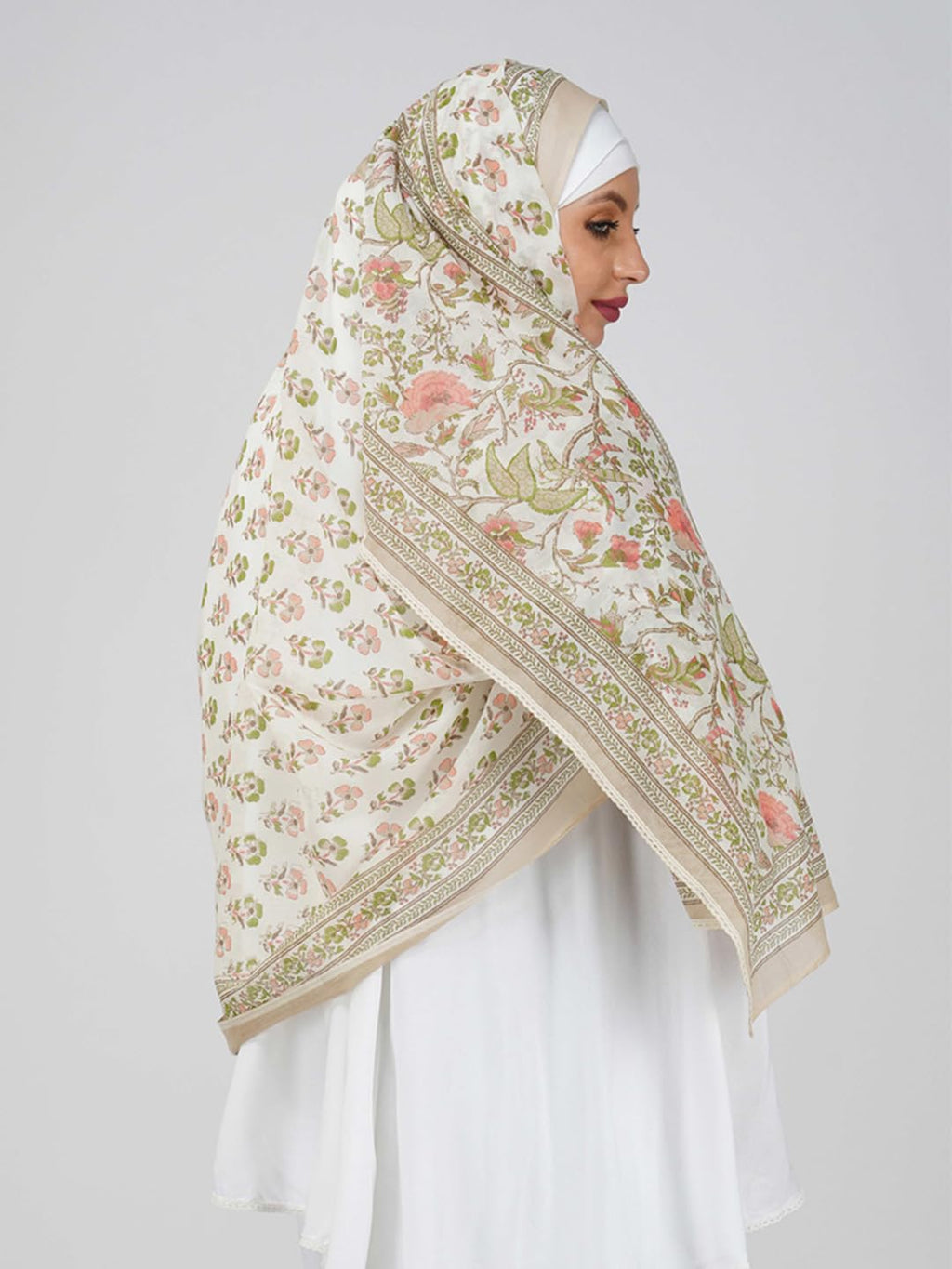 ANAApparels ANA Haniya Beige Periwinkle Floral Dupatta | 86 x 43 Inches – Premium Mulmul Cotton | Lace Border | Lightweight, Soft & Breathable