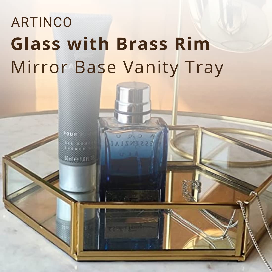 ARTINCO Vintage Glass & Brass Vanity Tray, Hexagonal Home Table Decoration, Makeup Organizer, Vanity Tray, Brass Gold 8x9x1.5 Inches