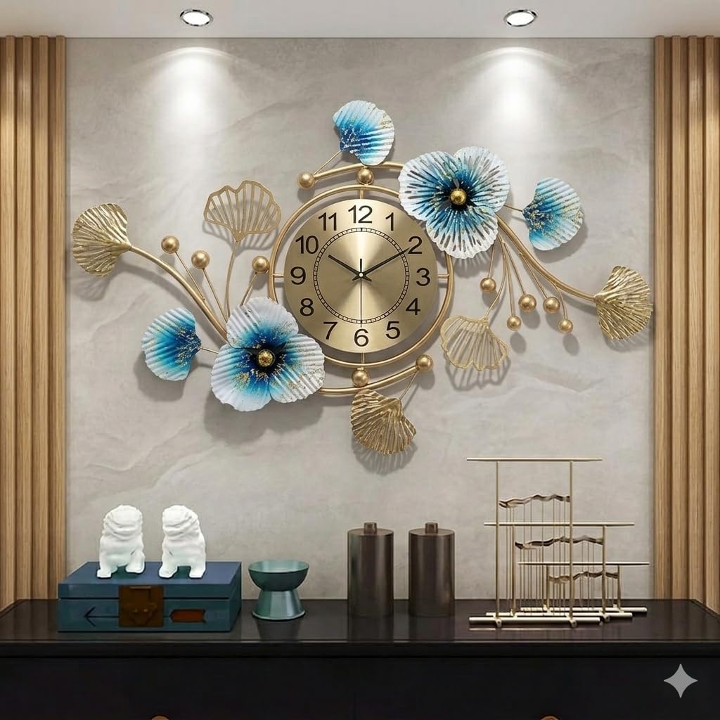 Mahira Artefacts Large Metal Wall Clock with Ginkgo Biloba Floral Art Decor, Modern Style, Golden and Blue, for Living Room, Bedroom, Office