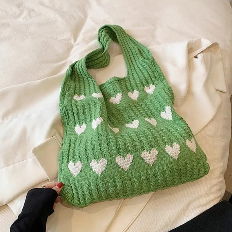 Kawn® Premium Knitted Heart Pattern Tote Bag Large Stylish and Durable Trendy bag for Everyday Use Beach Shopping Travel Work – Comfortable and Trendy Design (Green)