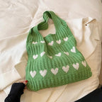 Kawn® Premium Knitted Heart Pattern Tote Bag Large Stylish and Durable Trendy bag for Everyday Use Beach Shopping Travel Work – Comfortable and Trendy Design (Green)