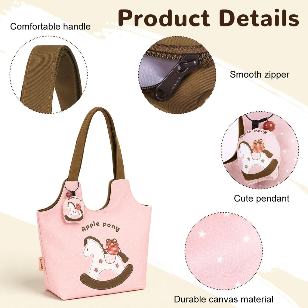 PALAY Tote Bag for Woman Pink Canvas Apple Pony Polka Dots Women Handbags