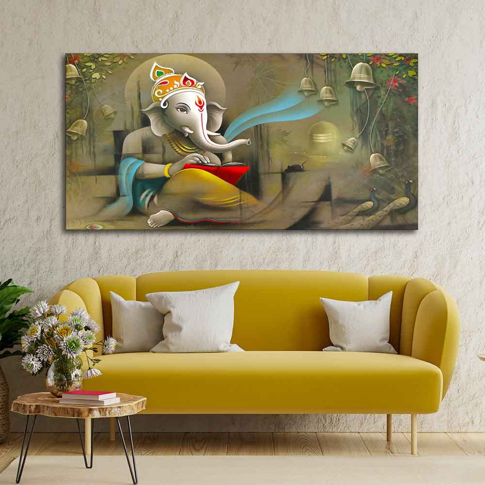 VIBECRAFTS Canvas Paintings for Living Room Drawing Room Auspicious Ganpati Canvas Wall Painting for Home|Office|Gift(PTVCH_2368NV)