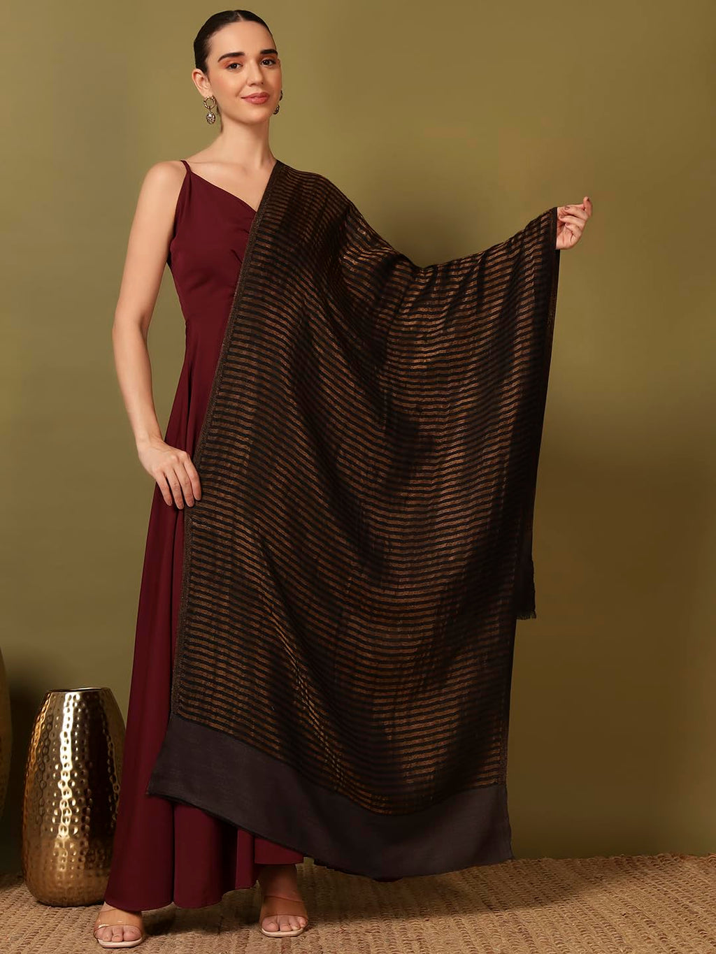 Pashmoda Women Golden Eclipse Reversible Zari Moonlight Fine Wool Stole (Size : 28x80in, 71X203cm) ZSST03