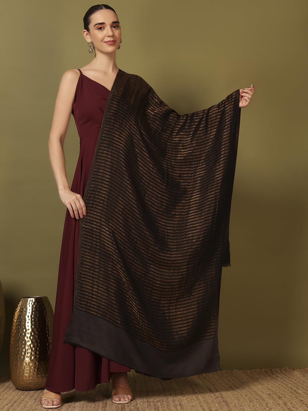 Pashmoda Women Golden Eclipse Reversible Zari Moonlight Fine Wool Stole (Size : 28x80in, 71X203cm) ZSST03