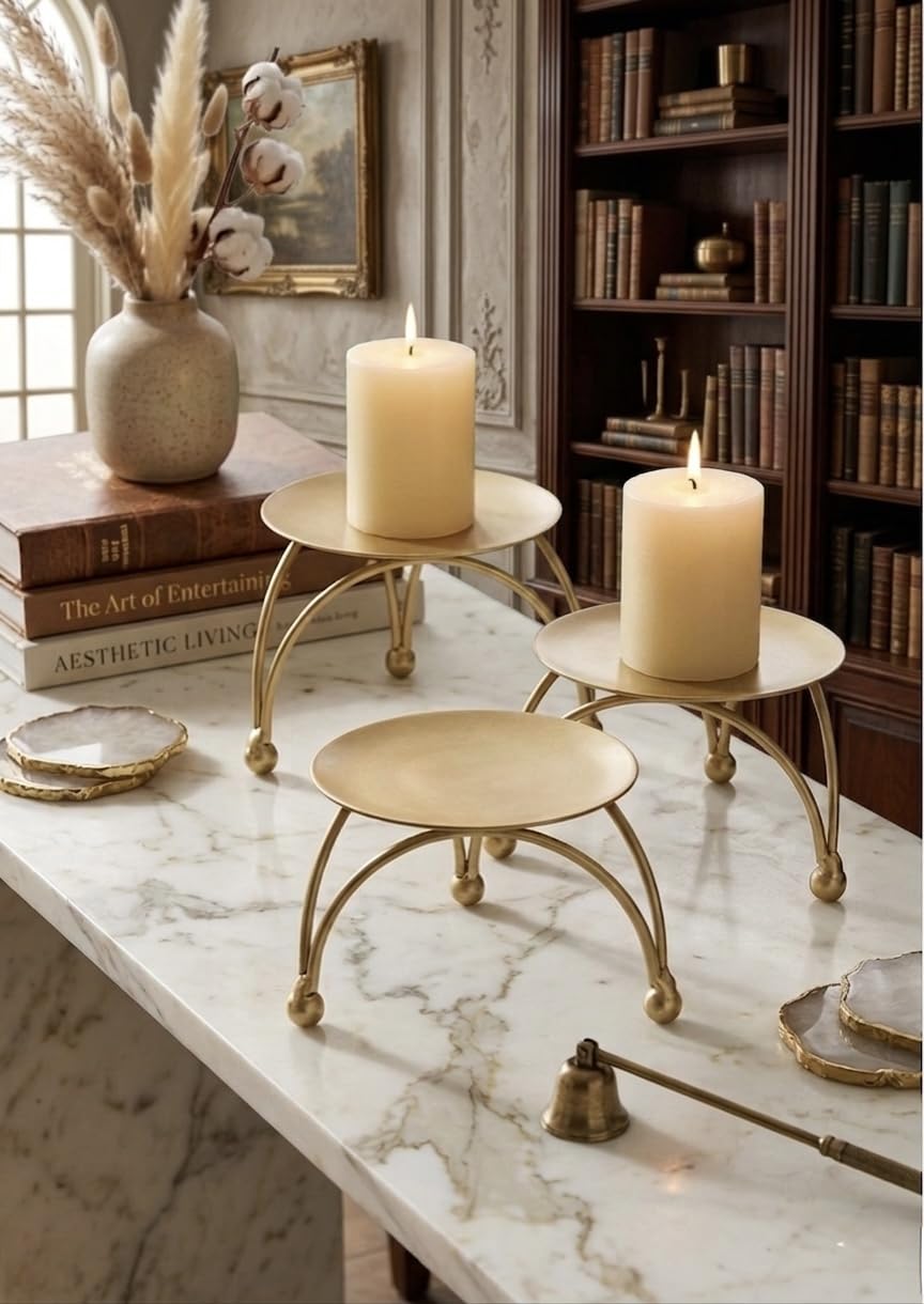 Set of 3 Gold Pillar Candle Holders, Metal Candle Stand Pedestals for Table Centerpiece, Modern Decorative Iron Candle Trays for Dining Room, Mantle, Wedding & Home Decor