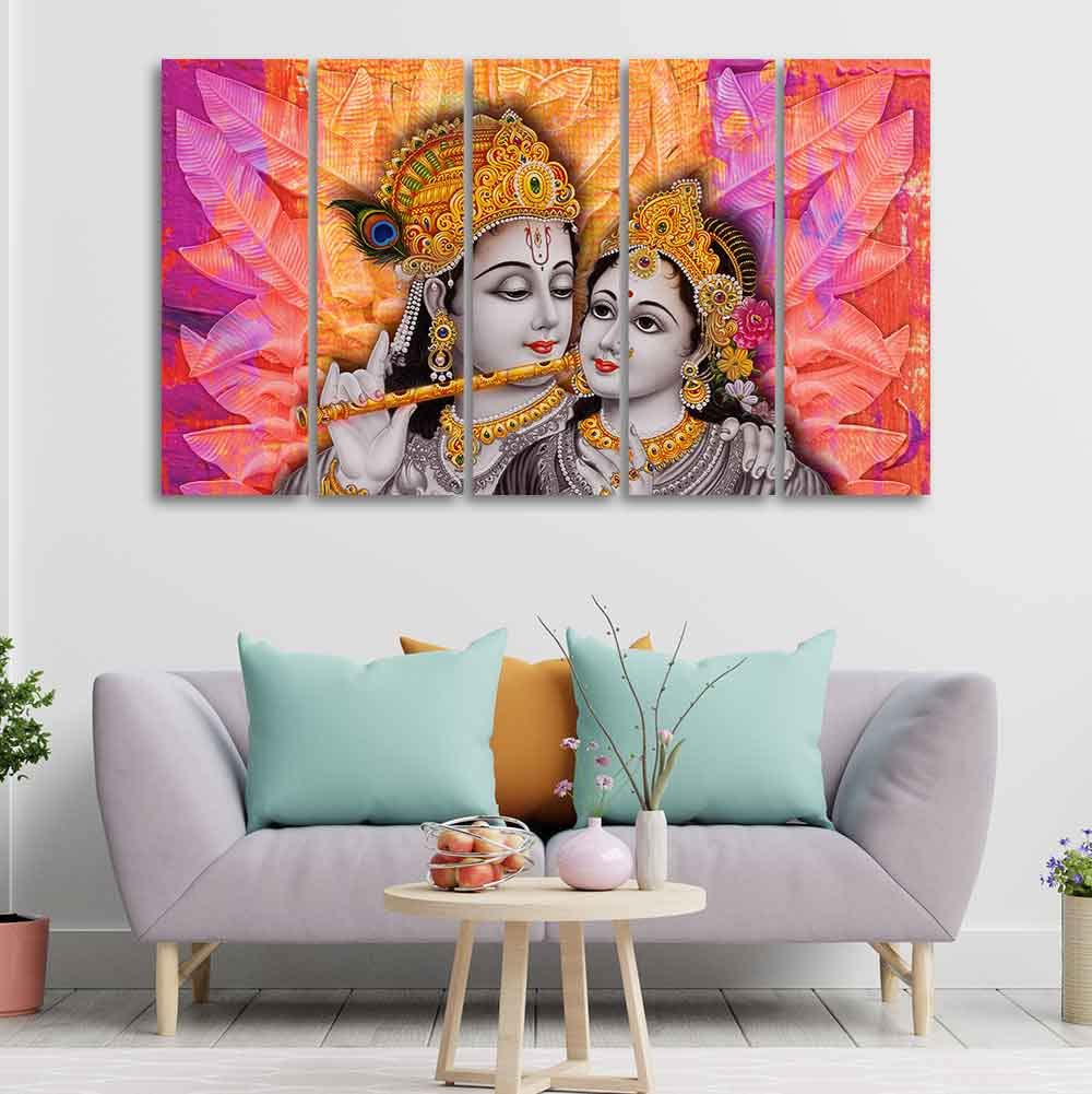 VIBECRAFTS Colorful Wall Painting of Radha Krishna Set of Five Pieces For Home|Office|Living Room|Gift (PTVC5Pcs4_8676)