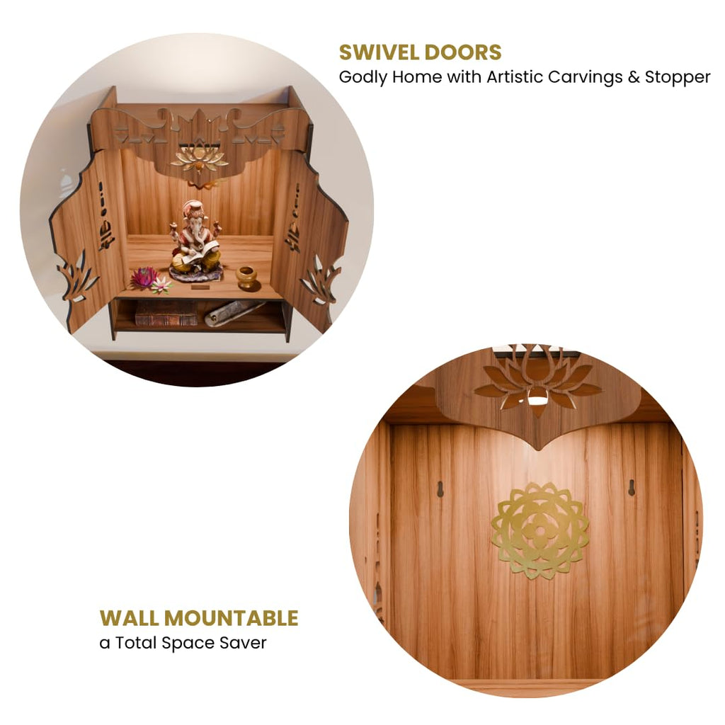 NIVED YAMUNA Engineered Wood Mandir with Door | Spotlight | Extra Storage | 21 x 16 x 10.5 inch | Wall Mountable | No Screw/Bolt Screw Assembly | Home Temple | Pooja Stand | Colour: Walnut
