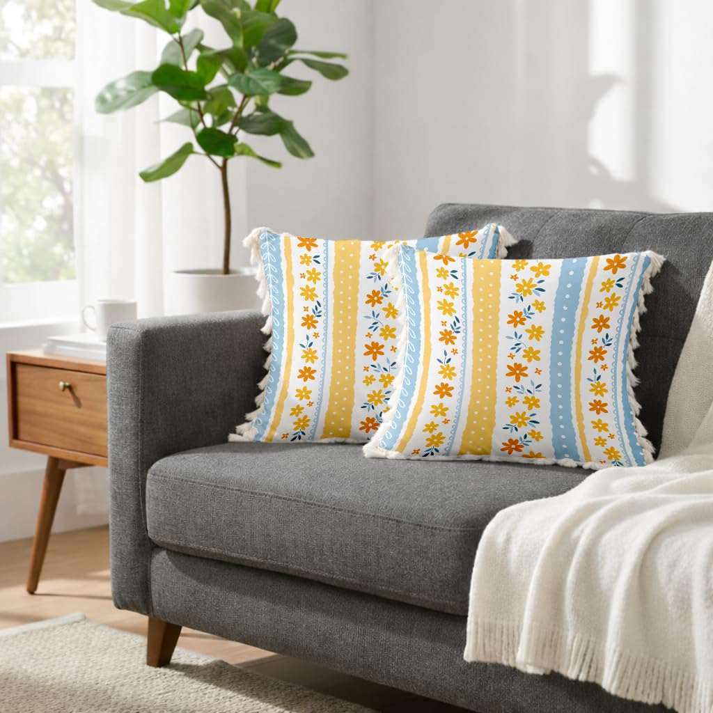 STITCHNEST 'Little Meadow Series' Tassled Cushion Cover | Set of 2 | Floral Cushion Cover 24 inch x 24 inch