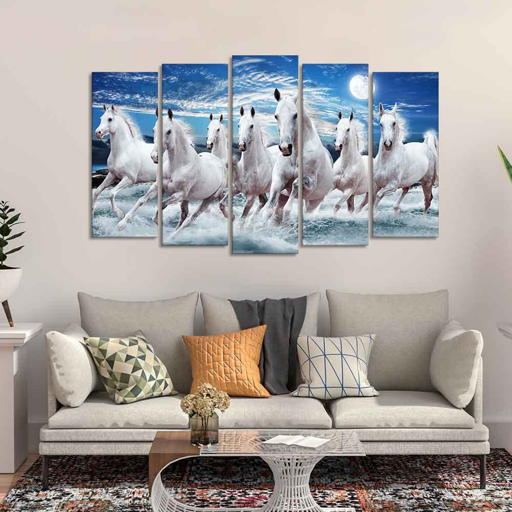 VIBECRAFTS Seven Running Horses in Water Canvas Wall Painting of Five Pieces For Home|Office|Living Room|Gift (PTVC5Pcs2_6628)