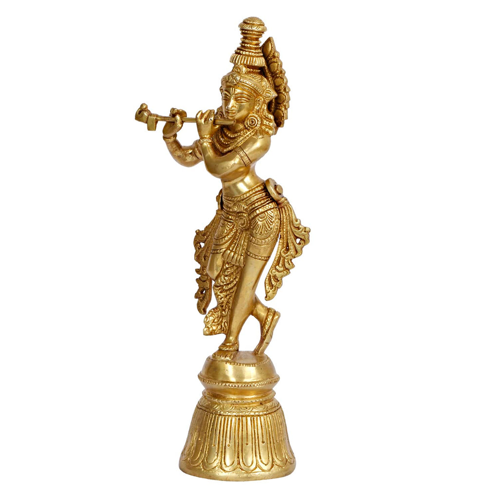 ARTVARKO Brass Lord Krishna Murti for Gift Idol Statue Large Size Krishna Playing Flute Standing On Beautiful Round Pedestal Height 11 Inches