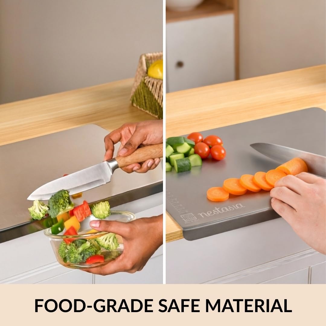 Nestasia Stainless Steel Counter Top Chopping Board (41.5cm x 29cm) | Anti-Slip Rustproof Cutting Board with Measurement Markings for Chopping Fruits & Vegetables