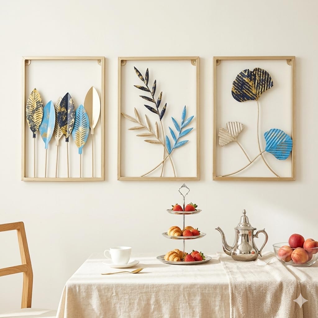 Mahira Artefacts Metal Leaf and Floral Wall Art Decor, Set of 3, Gold, Blue and Silver, Triptych Framed Sculptures for Living Room