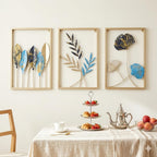 Mahira Artefacts Metal Leaf and Floral Wall Art Decor, Set of 3, Gold, Blue and Silver, Triptych Framed Sculptures for Living Room