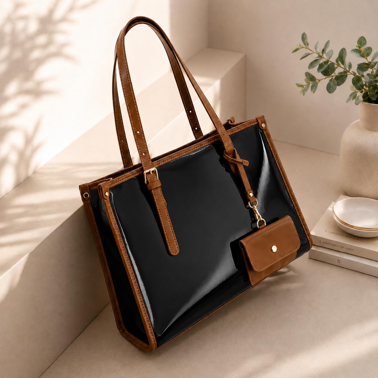 HaveGlam Women's Tote Handbag with Mini Pouch, Brown Trim (Black)