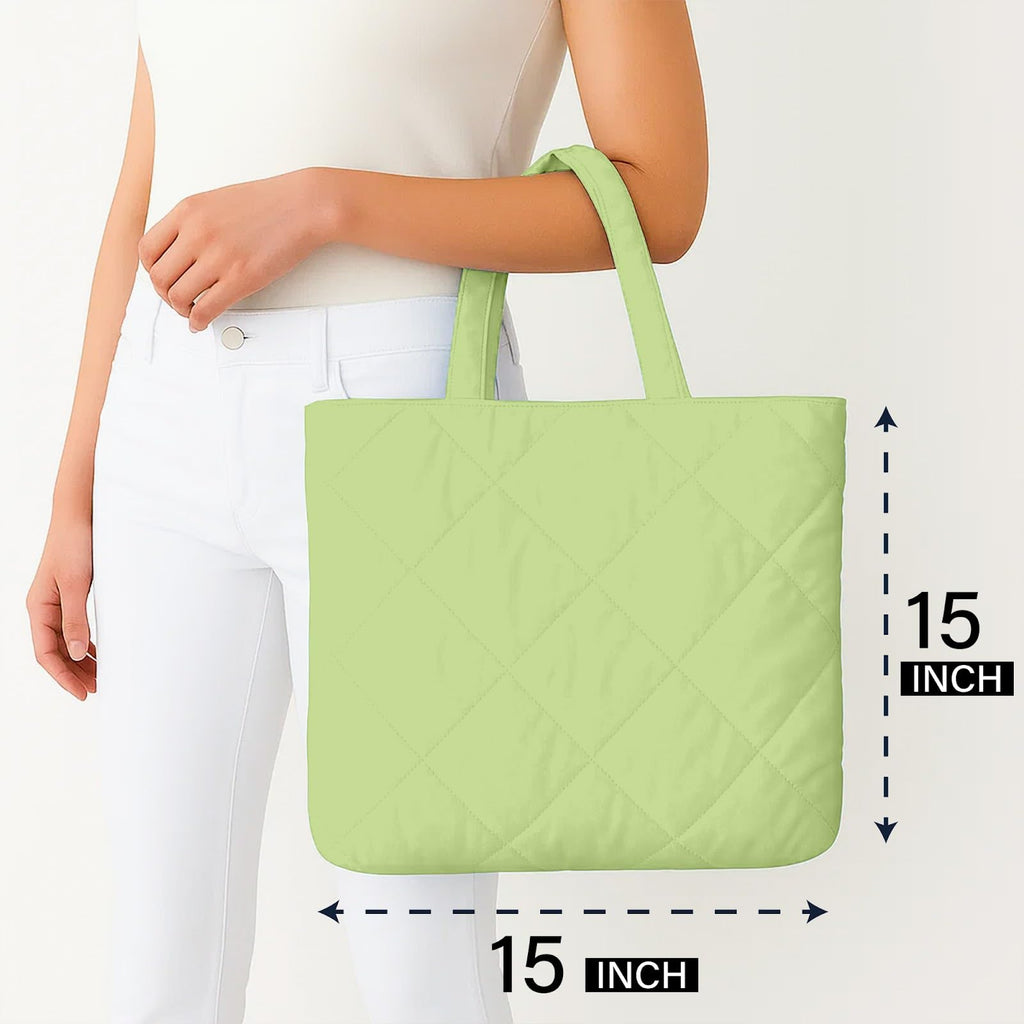 Mahaveer Cotton Quilted Waterproof Tote Bag | 15x15 Inch Large Shopping & Grocery Tote | Open-Top Classic Carry Bag for Daily Use | Multi-Purpose Reusable Handbag for Women, Sage