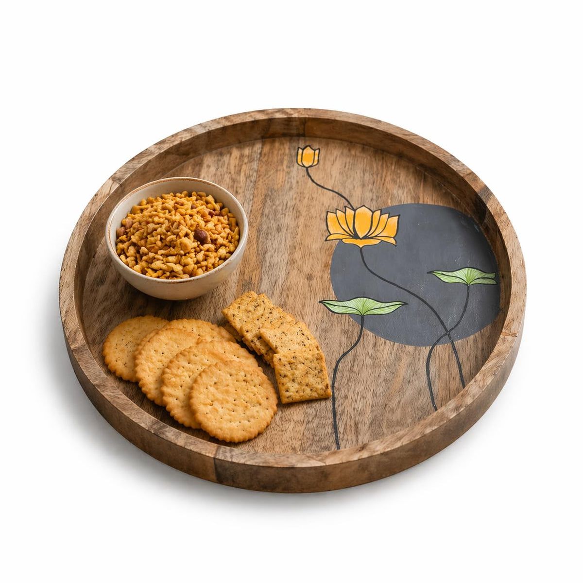 Artysta 'Floating Lotus' Handpainted Wooden Serving Tray for Breakfast | Round Multipurpose Tray with Handles | Decorative Wooden Tray for Kitchen, Fancy Tea Tray for Serving (12 Inch)