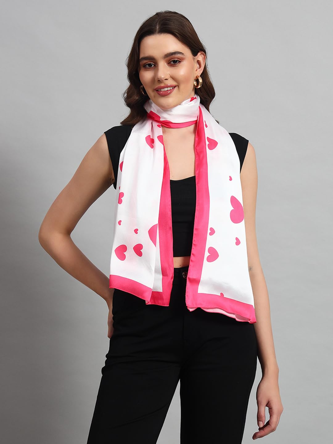 Ravaiyaa - Attitude is everything Women Lightweight Printed 100% Satin Silk Scarf Stoles Breathable Neckerchief Head Beach Wrap Scarves (White Pink Heart, 70 x 20 Inch)