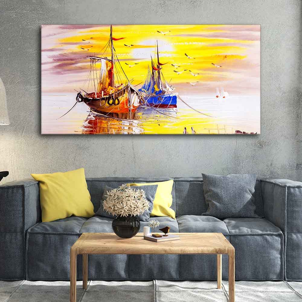 VIBECRAFTS Sailing Ships on the Ocean in Beautiful Sunset Premium Canvas Wall Painting With Frame for Living Room Drawing Room Home|Office|Gift (PTVCH_2207)