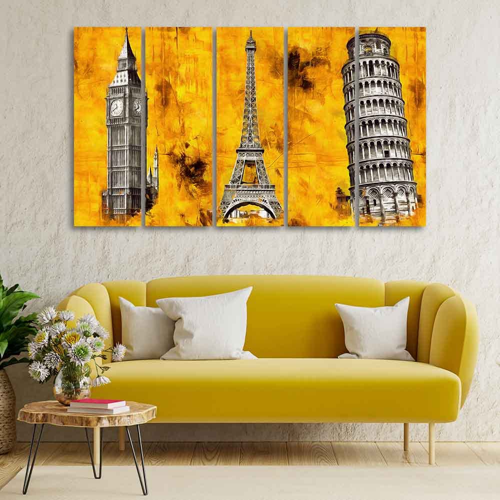 VIBECRAFTS Beautiful Monuments Premium Wall Painting Set of Five For Home|Office|Living Room|Gift (PTVC5Pcs4_8701)
