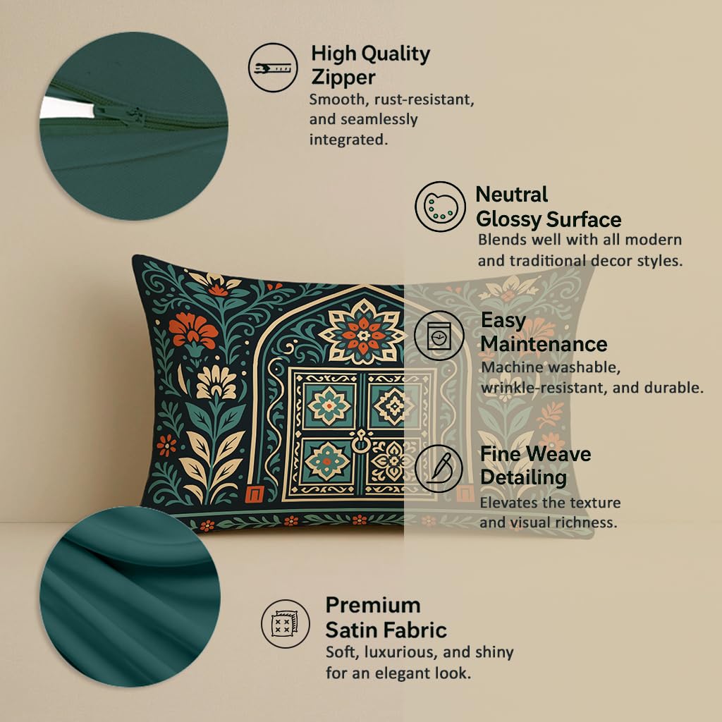 STITCHNEST Satin Cushion Covers Pack of 2 Rajasthani Haveli Door & Floral Arch Design, 12x18 Inch, Black Ethnic Decor for Sofa, Living Room & Festive Styling