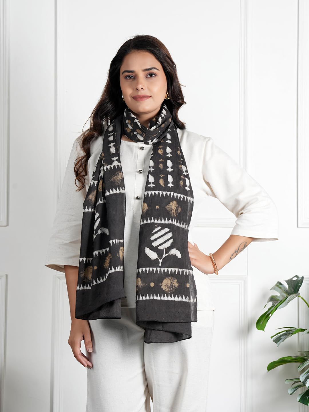 RAI SAHAB Printed Cotton Scarf for Women, Lightweight Soft Scarves Stoles for Summer & Winter(ST-86BLK10)