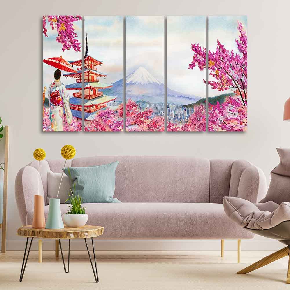 VIBECRAFTS Women in Kimono Canvas Wall Painting Set of Five Pieces For Home|Office|Living Room|Gift (PTVC5Pcs4_8665)