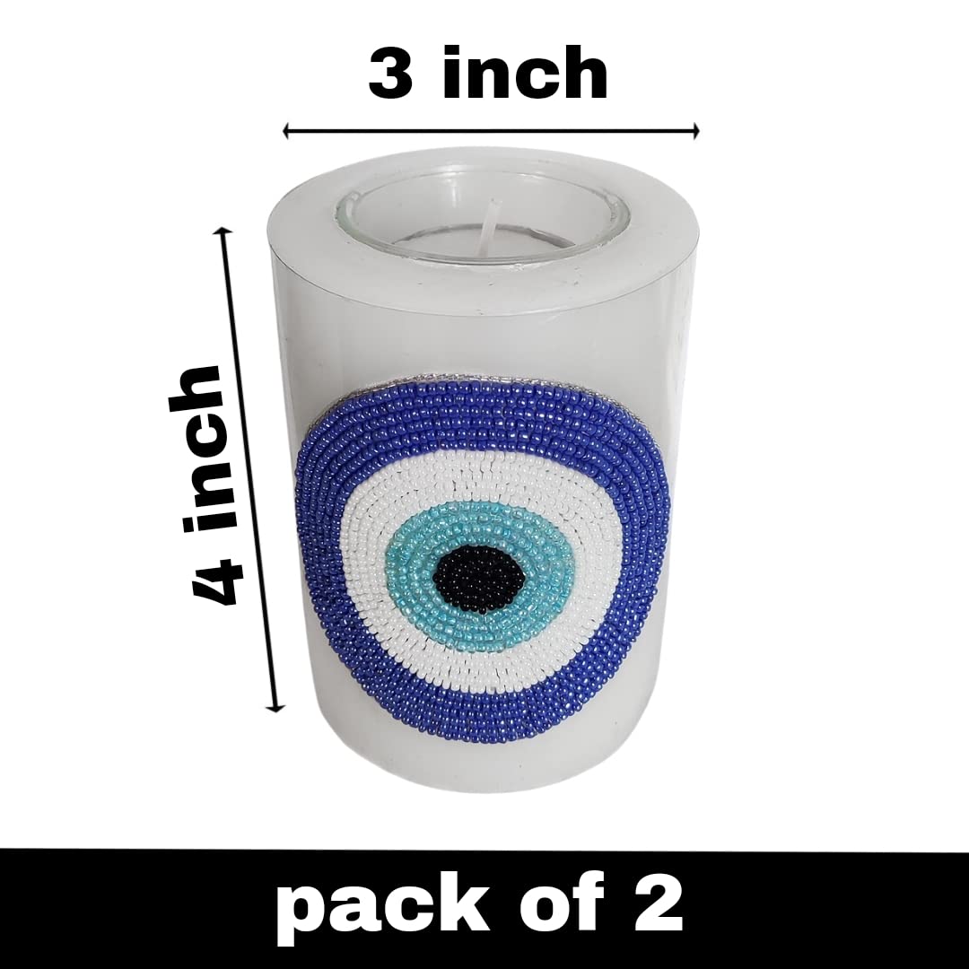 The Bling Stores Pillar Candle Garden of Season Evil Eye Wax Candle with Tea Light & Candle Holder Long Burn Time and Smokeless Candles - White Candles for Home Decoration