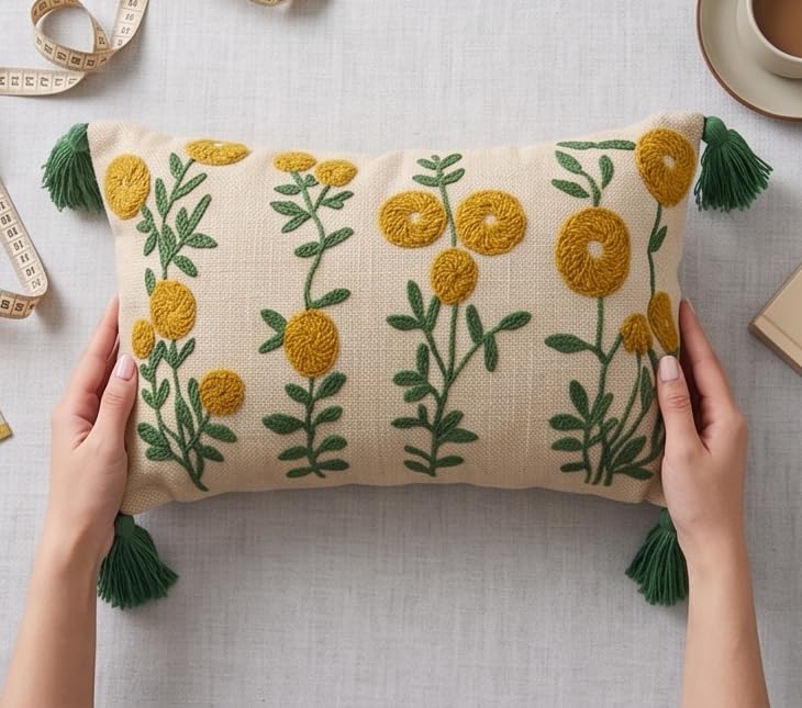 Furnistitchs Boho Rectangle Cushion Cover 12x20 inches | Handmade Decorative Throw Pillow Case | Bohemian Home Decor Sofa Bed Cushion Cover Living Room Bedroom (2, Mustard Seeds, 12x20 inches)